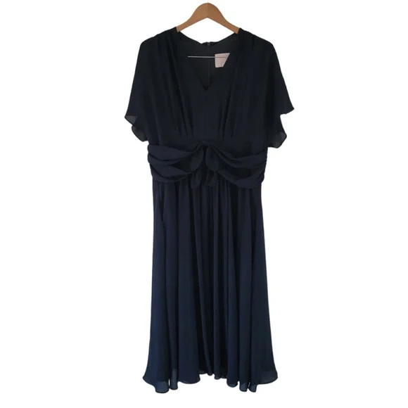 Gal Meets Glam Jane Navy Blue Tie-Waist Fit & Flare Dress Size 14 - Picture 3 of 8